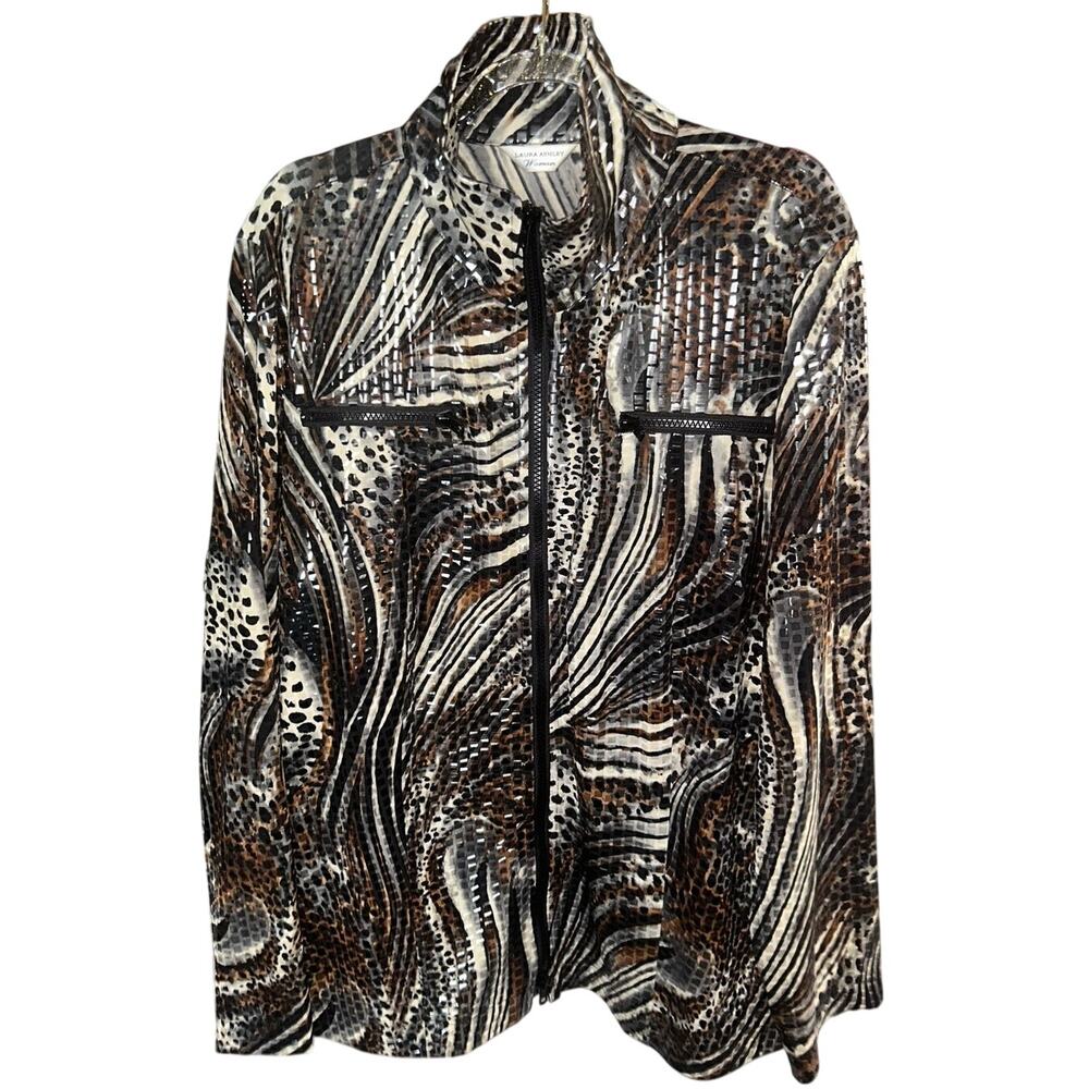 Laura Ashley Zebra Animal Print Light Sequin Zip Up Jacket Long Sleeves Boho 1X